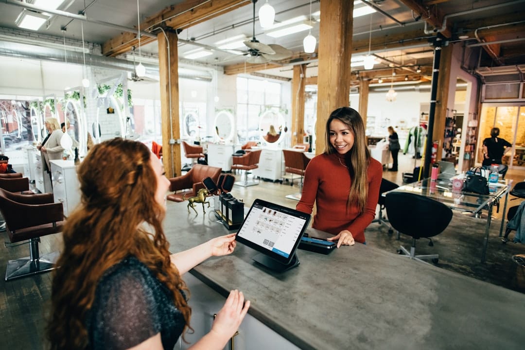 Two women near tables