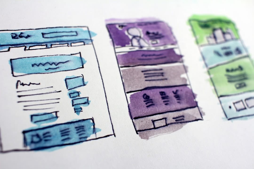 Watercolor wireframe sketches of website layouts